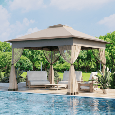 Bezseller 11x11 Pop up Gazebo, Outdoor Waterproof Canopy Tent with Mosquito Netting for Outdoors, Khaki