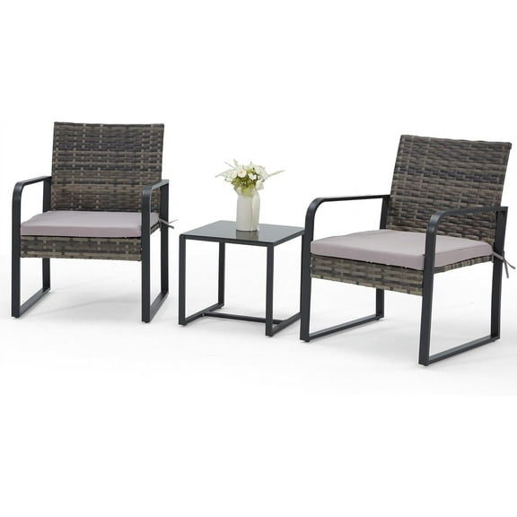 Bezseller 3 Piece Outdoor Patio Furniture Set, Patio Bistro Set Wicker Conversation Set, Modern Rattan Chair with Glass Coffee Table for Backyard, Porches, Poolside, Lawn and Balcony