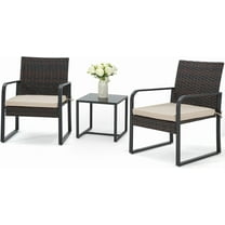 Bezseller 3 Piece Outdoor Patio Furniture Set, Patio Bistro Set Wicker Conversation Set, Modern Rattan Chair with Glass Coffee Table for Backyard, Porches, Poolside, Lawn and Balcony