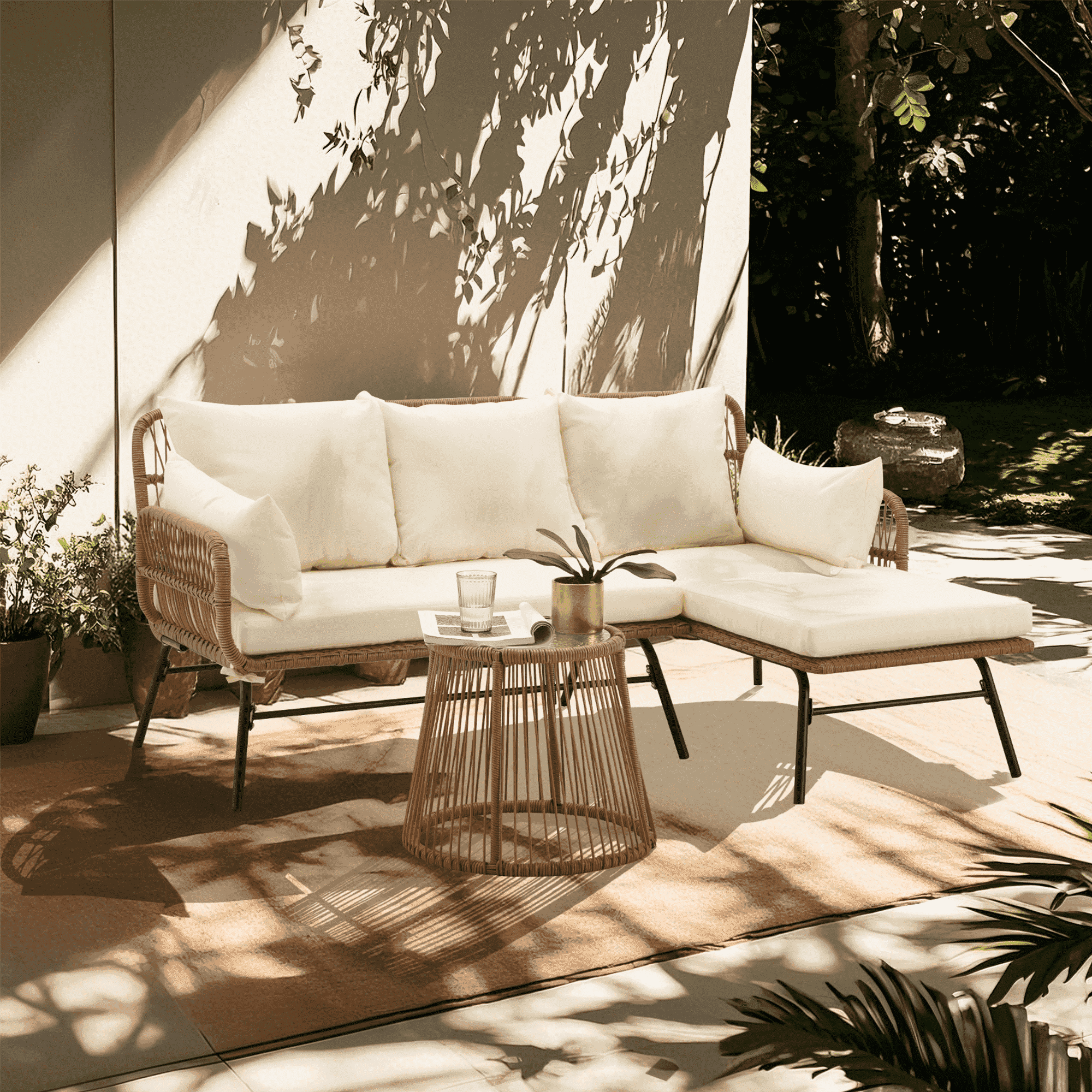 Bezseller 3-Piece Rattan Patio Set with L-Shaped Sofa & Coffee Table, Beige