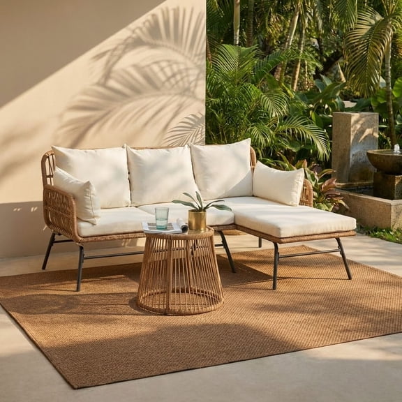 Bezseller 3 Piece Rattan Patio Set with L-Shaped Sofa & Coffee Table, Beige