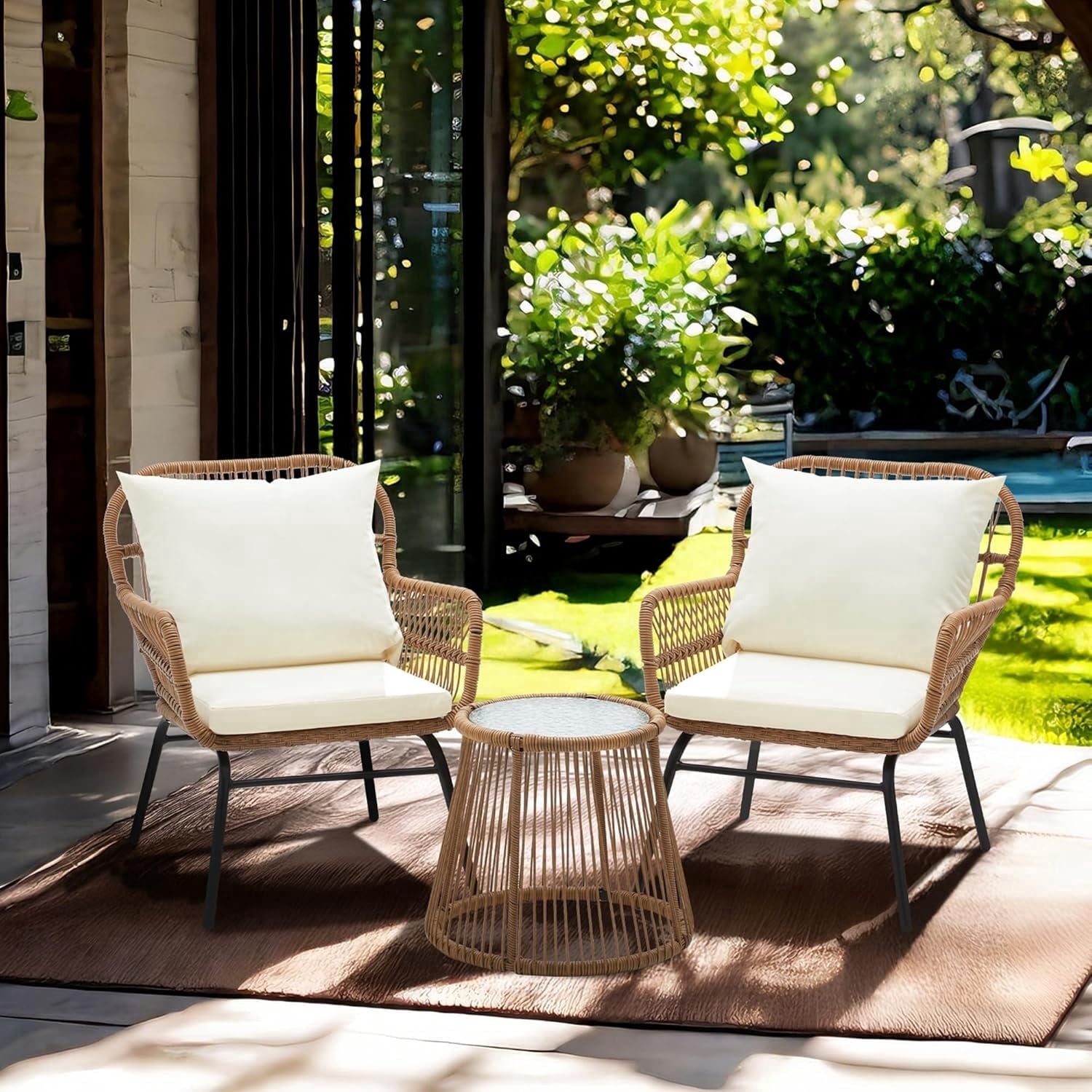 Bezseller 3-Piece Outdoor Wicker Furniture Set, Patio Conversation Set, Beige