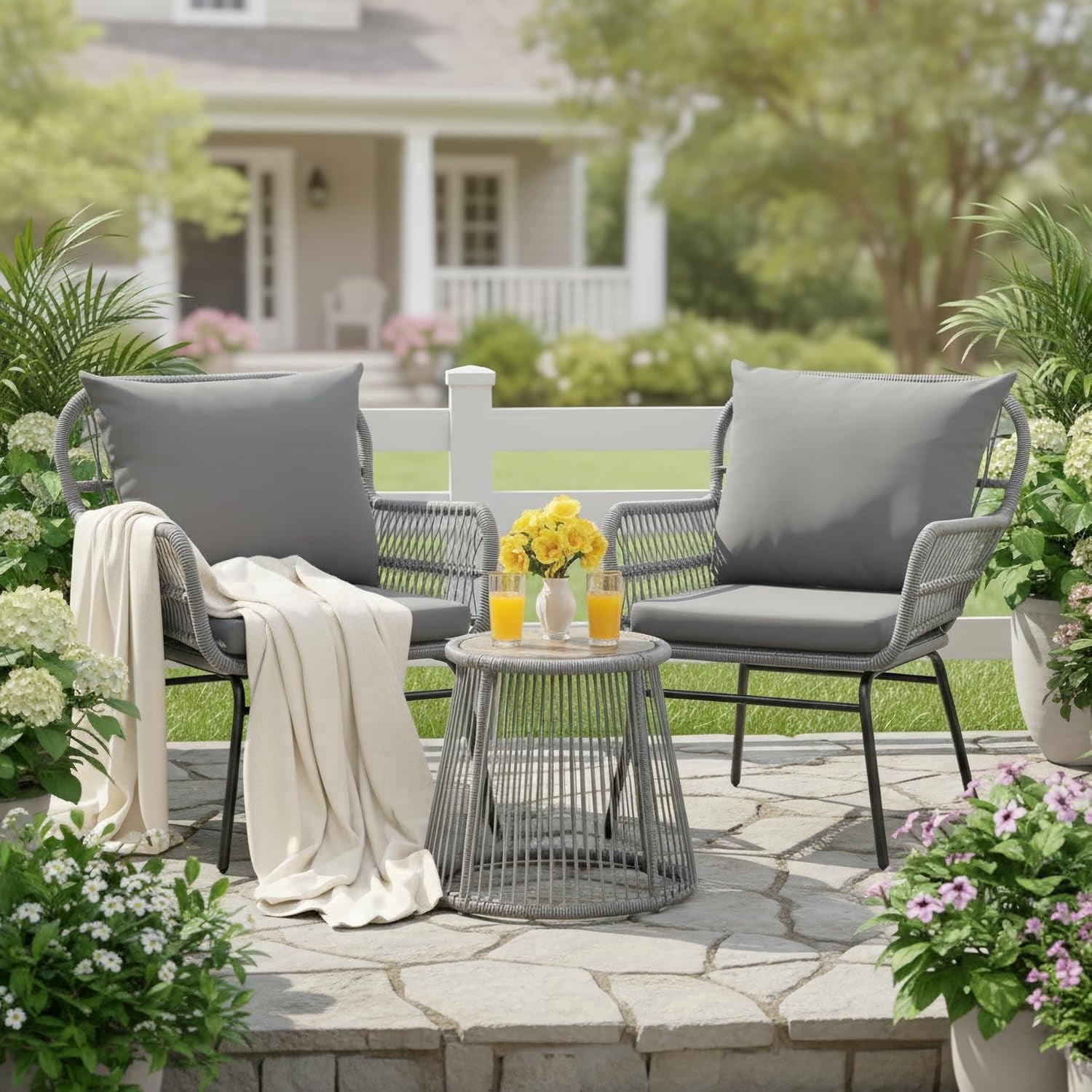 Bezseller 3-Piece Outdoor Wicker Furniture Set, Patio Conversation Set, Gray