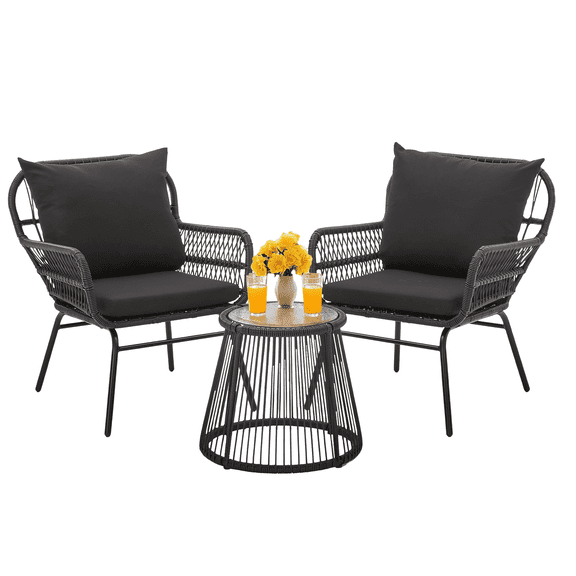 Bezseller 3-Piece Wicker Furniture Set, Patio Conversation Set for Outdoors, Black
