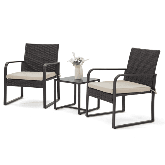 Bezseller 3-Piece Patio Bistro Set, Outdoor Rattan Furniture Patio Chairs with Coffee Table Conversation Set, Brown