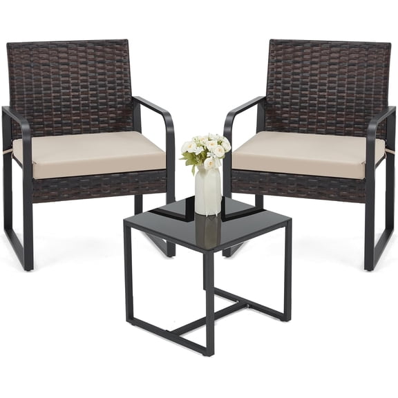 Bezseller 3-Piece Patio Furniture Set for 2, Small Balcony Outdoor Bistro Set with Cushioned Chairs & Coffee Table, Easy Assembly, Weather-Resistant for Apartment, Porch, Backyard