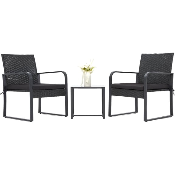 Bezseller 3 Piece Patio Furniture Set with Curved Armrests, Outdoor Rattan Bistro Set with Coffee Table for Balcony, Garden, or Backyard Small Black Patio Furniture with Cushioned Balcony Chairs