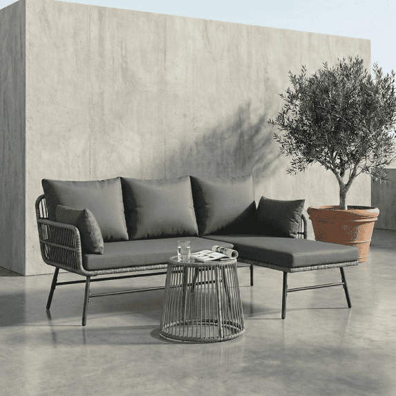 Bezseller 3-Piece Rattan Patio Set with L-Shaped Sofa and Coffee Table, Gray
