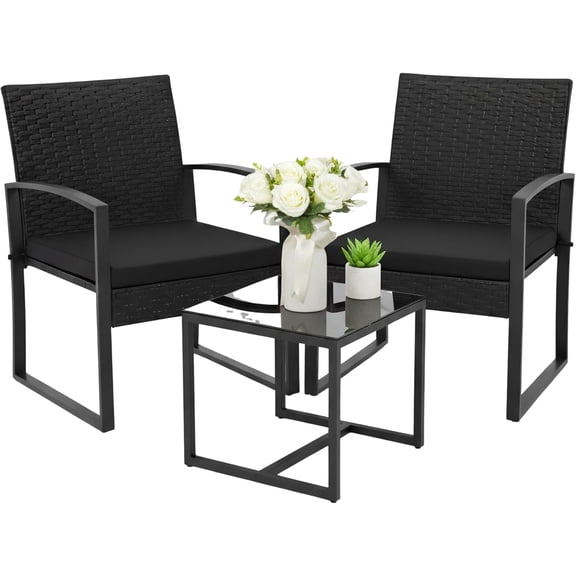 Bezseller 3 Pieces Patio Furniture Set, Outdoor Rattan Bistro Set with Coffee Table, Durable Steel Frame with Strapped Cushions for Garden, Balcony, Poolside, Backyard