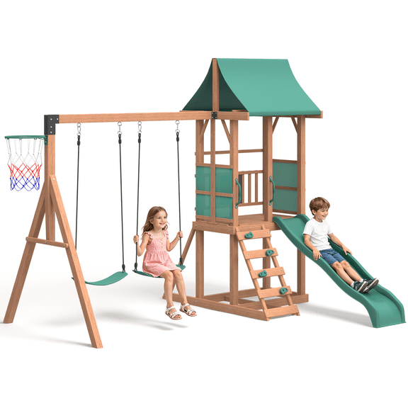 Bezseller 6-in-1 Wooden Swing Set for Backyard, Playground Sets with Wave Slide, Play Deck, Rock Wall Ladder, Chalkboard, 2 Belt Swings & Basketball Hoop Outdoor Playset