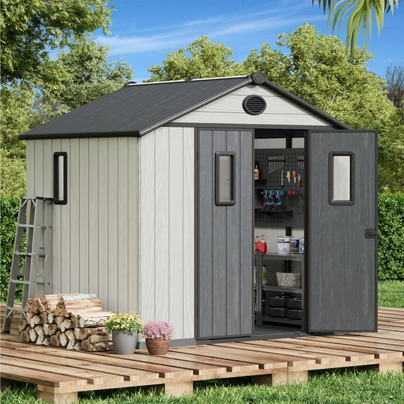 Bezseller 8*6 Outdoor Storage Tool Shed with Door and Floor, Plastic Outdoor Storage Shed with Steel Frame, Off-white