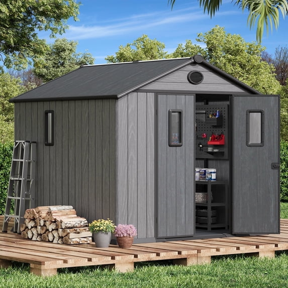 Bezseller 8*8 Outdoor Storage Tool Shed with Door and Floor, Plastic Outdoor Storage Shed with Steel Frame, Gray
