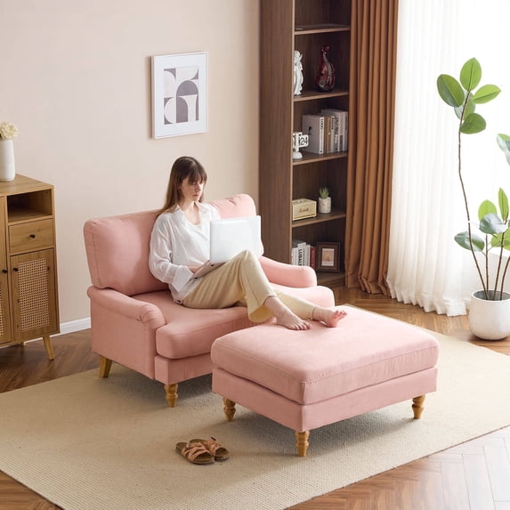 Bezseller Chaise Lounge with Ottoman, Oversized Accent Armchair and Ottoman Set for Bedroom, Pink
