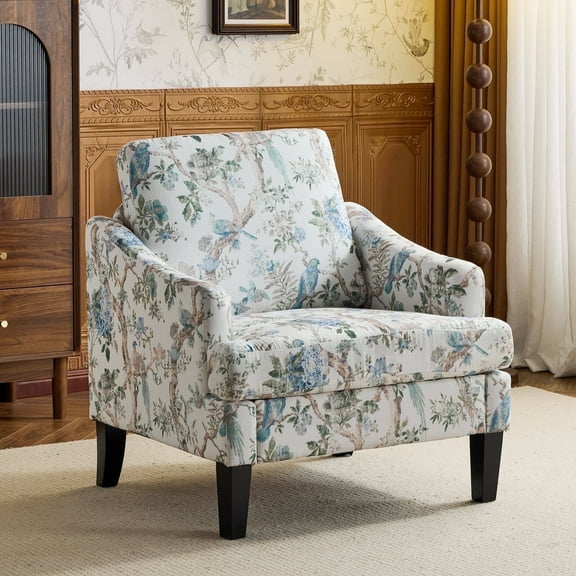 Bezseller Floral Accent Chair, Upholstered Armchair with Solid Legs,for Living Room, Bedroom, Office, Beige