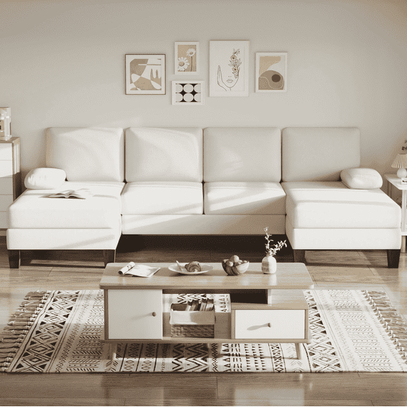 Bezseller U-Shaped Sectional Sofa, 110" Chenille Couch for Living Room, Beige