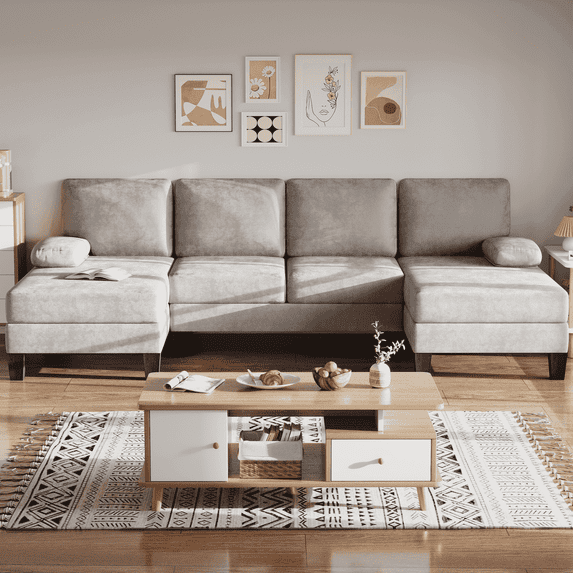 Bezseller U-Shaped Sectional Sofa, 110" Chenille Couch for Living Room, Light Grey