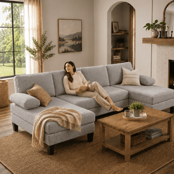Bezseller U-Shaped Sectional Sofa, 110" Corduroy Couch for Living Room, Light Grey