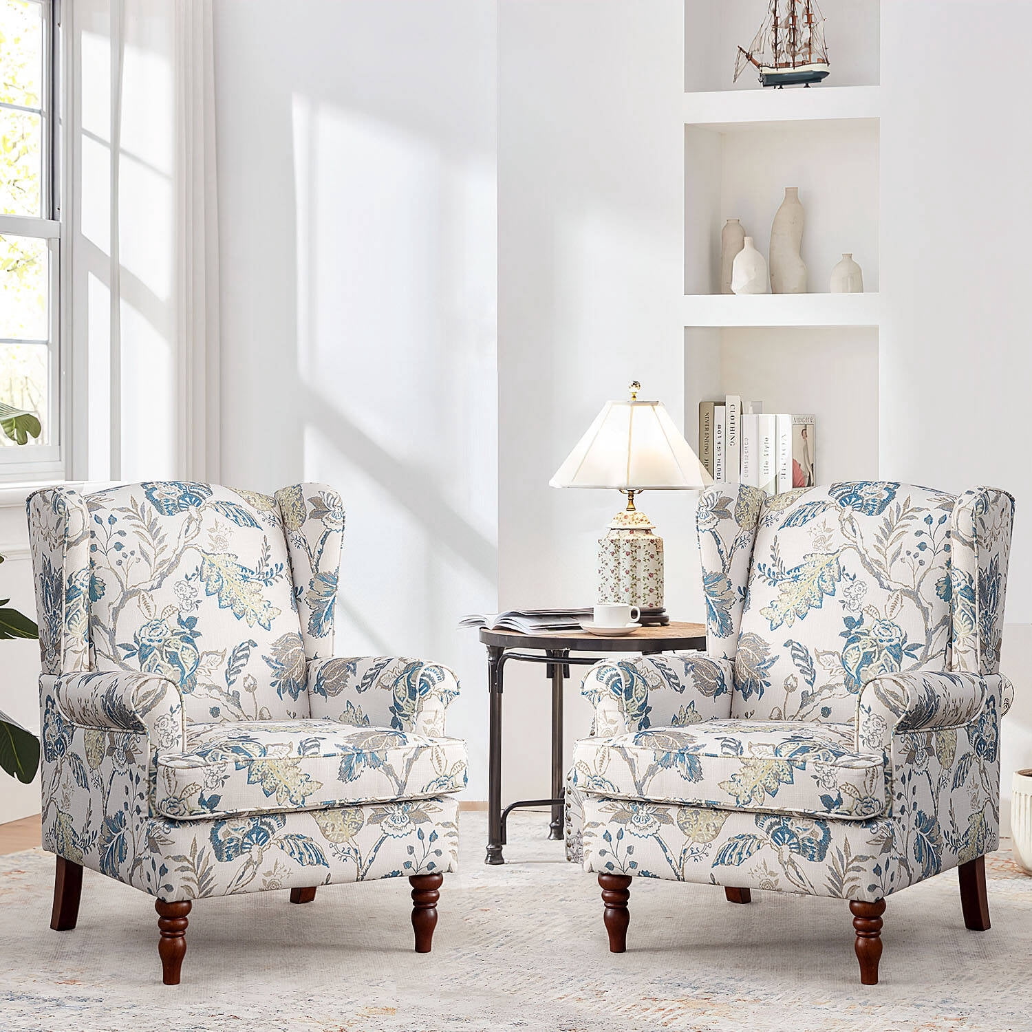Bezseller Accent Chair Set of 2, Floral Fabric Armchair for Living Room and Bedroom ,Blue
