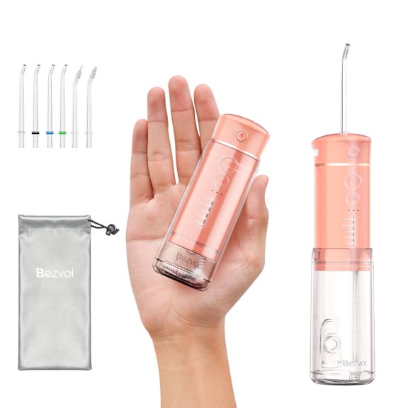Bezvoi Water Flosser Cordless Travel, Mini Oral Irrigator with Telescopic Water Tank, 5 Modes, 6 Jet Tips, IPX7 Waterproof Electric Portable Water Teeth Cleaner Picks for Braces Bridges Care
