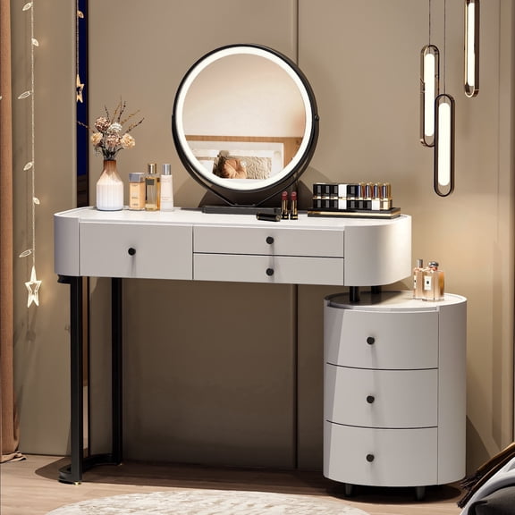 Bezzze Modern Minimalist Dressing Table, Detachable Round Mirror with 3 Light Modes, Rotatable Side Cabinet Makeup Vanity Table, Easy Assembly