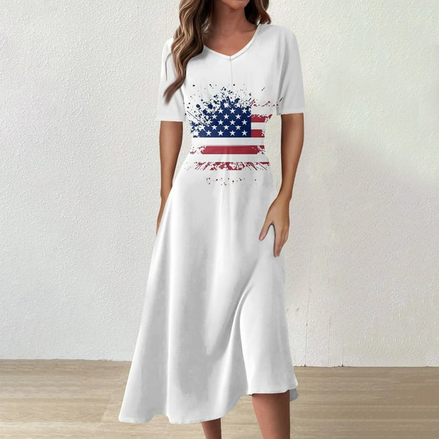 Bfantian Ladies Casual Fashion Print VNeck Short Sleeve Waist Long