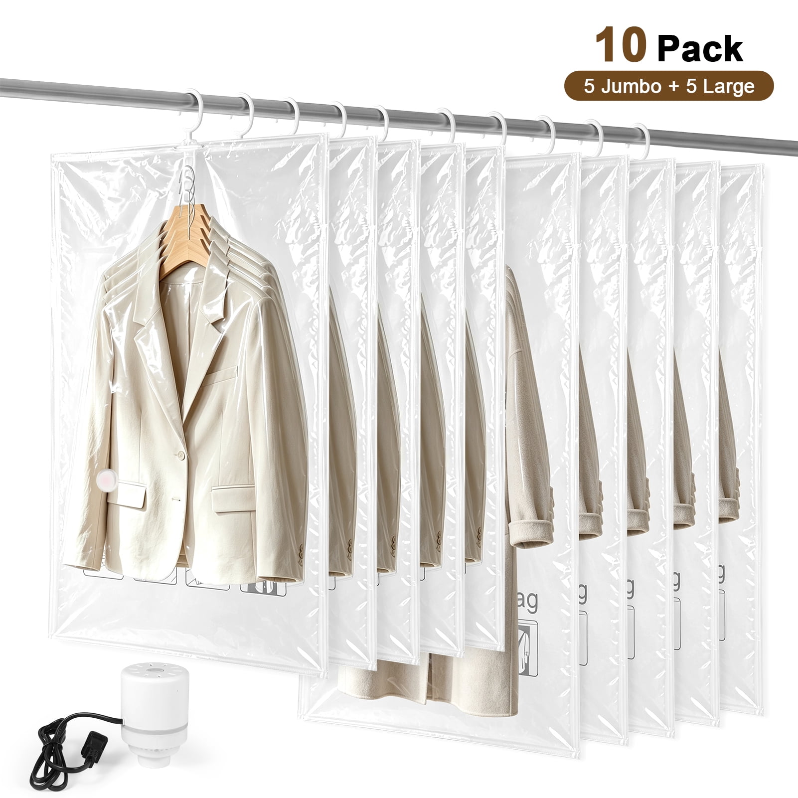Bfgxuoo Hanging Vacuum Storage Bags with Electric Pump, 10 Pack (5 Jumbo 5 Large) Compression Bags for Clothing, Vacuum Garment Bag for Hanging Clothes, Space Saver Closet Organizer