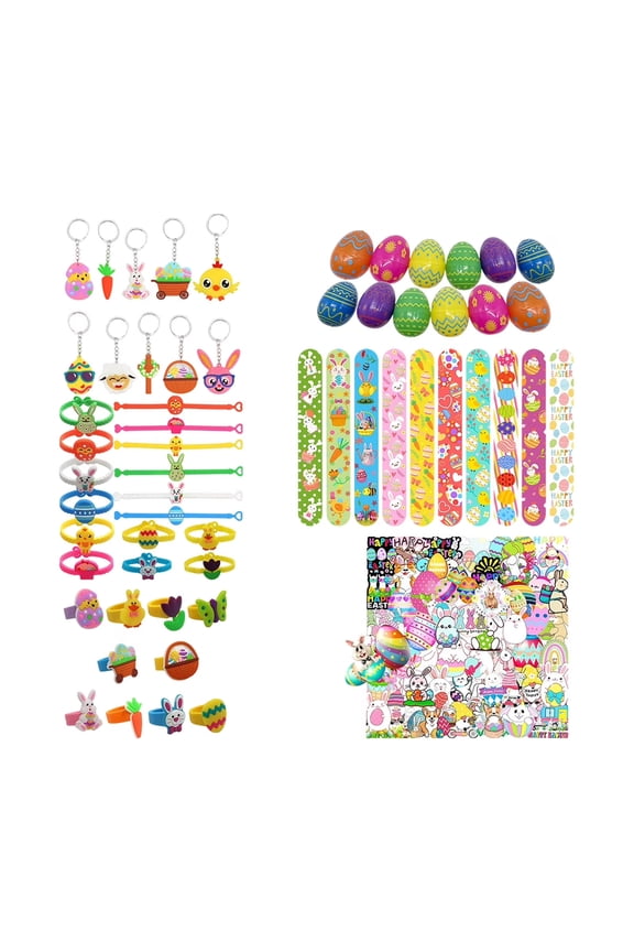 102 Pcs Easter Soft Rubber Rings Keychains Stickers Slap Rings Set for Basket Egg Stuffers, Party Favors, Goodie Bag Fillers, Filling Specific Treats, Classroom Prize Supplies