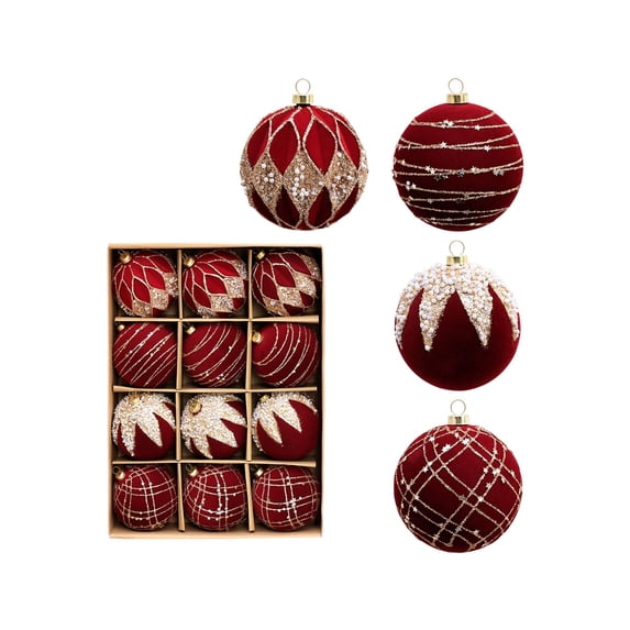 Bfogop 12PCS 2.4Inch Glitter Velvet Christmas Ornaments Balls, Flocked Christmas Tree Ball Hanging Flocked Hanging Pendant Ornaments Shatterproof Xmas Bulbs For Christmas Tree Decoration