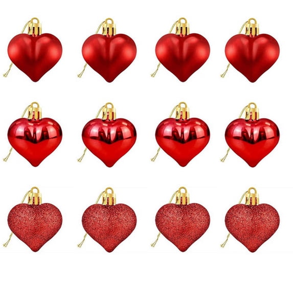 Bfogop 12Pcs Valentines Heart Shaped Ornaments - Valentines Heart Decorations - Red Pink Silver Glitter Heart Shaped Baubles - Romantic Christmas Valentines Tree Hanging Decorations