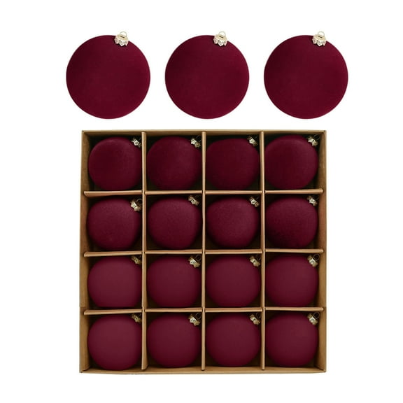 Bfogop 16-Pack Flocked Wine Red Velvet Christmas Tree Ball Ornaments Set, Decorative Hanging Baubles, Shatterproof Plastic Decorations for Xmas Tree, Wreath, Garland, 2.4 Inches