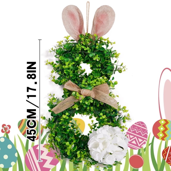 Bfogop 18inch Easter Bunny Spring Wreath for Front Door Cute Rabbit Ears Artificial Greenery Wreath with Linen Bow and Hydrangea for Front Door Easter Holiday Season