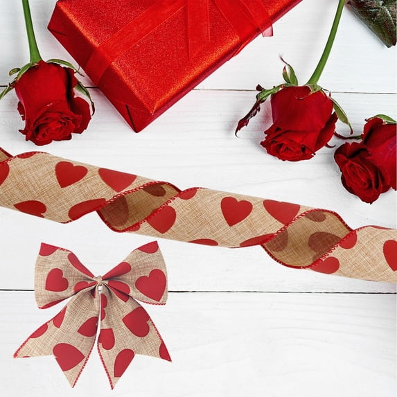 Bfogop 2.5in x 16.5ft Valentine’s Day Heart Ribbon for Gift Wrapping, Heart Wired Ribbon for Bows, Wreaths, DIY Crafts, Floral Arrangements, and Romantic Party Decor Natural Ribbon