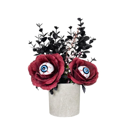 Bfogop Artificial Bloody Roses with Eyeball Flower Potted with Leaves Faux Red Roses Bundles 9" Fake Realistic Rose Potted for Flowers Arrangements Halloween Parties Home Decor