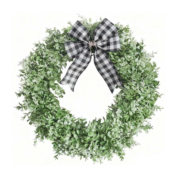 Bfogop Artificial Eucalyptus Wreath for Front Door 15" Green Leaf Wreath for Window Home Porch Farmhouse Patio and Garden Indoor Outdoor Decor with Bow for Spring Summer Fall Winter