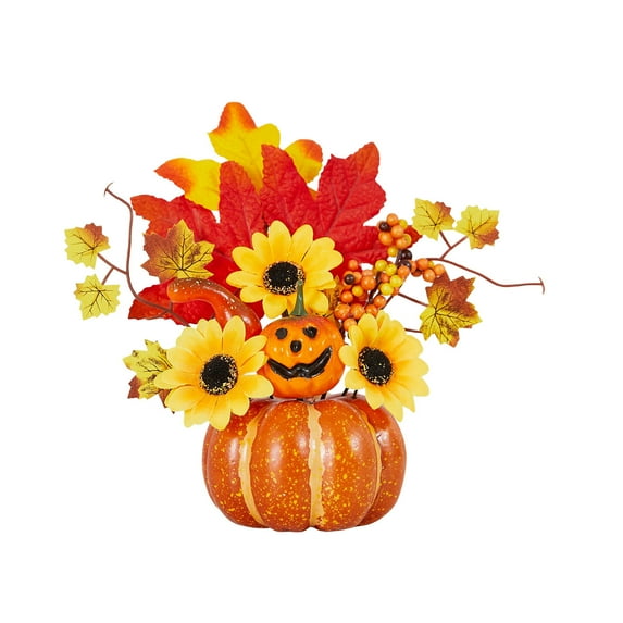 Bfogop Artificial Pumpkins Decor with Maple Leaves and Berries, Fall Pumpkin Decoration for Table Centerpiece,Thanksgiving and Home Decor with Outdoor Halloween Autumn Decorations