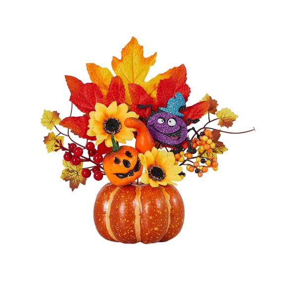 Bfogop Artificial Pumpkins Decor with Maple Leaves and Berries, Fall Pumpkin Decoration for Table Centerpiece,Thanksgiving and Home Decor with Outdoor Halloween Autumn Decorations