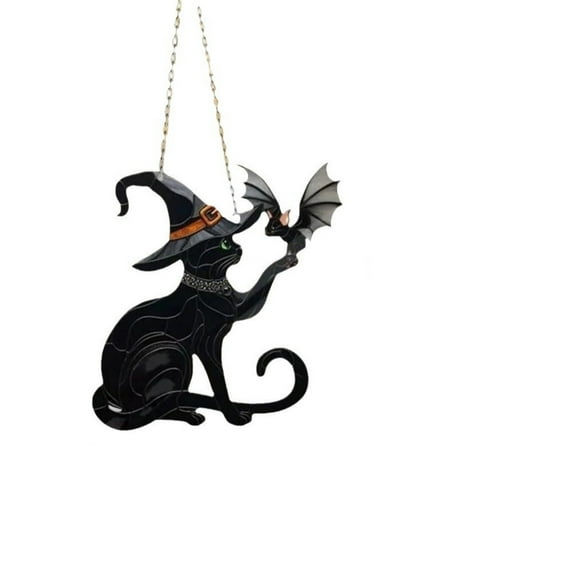 Bfogop Black Cat Decor With Witch Hat Acrylic Window Hanging Suncatcher Halloween Ornament Decoration Memorial Gift for Lover Cat Wall Decor Party Outdoor Indoor Decorative Sign
