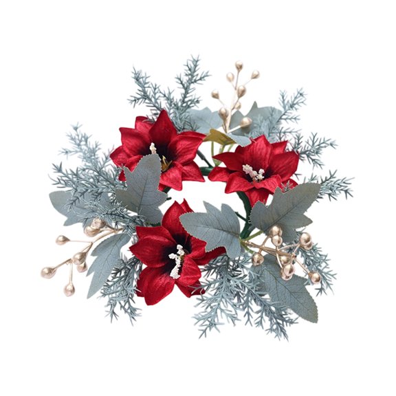 Bfogop Christmas Candle Rings Wreath Norfolk Pine Garland Red Berry Pinecones Wreaths Artificial Berries Snowy Pine Garland Candle Ring Holder for Christmas Wedding Home 7.9Inch