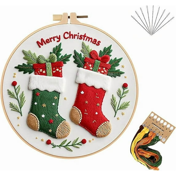 Bfogop Christmas Embroidery Kit Set Embroidery DIY Kit with Pre-Printed Gnomes & Cross Stitch Patterns Instructions, Color Threads & Needles Embroidery Kit for Adults & Beginners