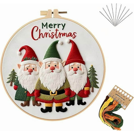 Bfogop Christmas Embroidery Kit Set Embroidery DIY Kit with Pre-Printed Gnomes & Cross Stitch Patterns Instructions, Color Threads & Needles Embroidery Kit for Adults & Beginners
