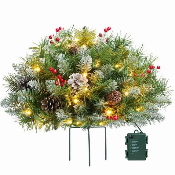 Bfogop Christmas Planter Filler, Pre-Lit Artificial Christmas Tree Urn Filler, Pot Fillers Outdoor Front Porch with LED Lights & Red Berries, Prelit Planter Bushes for Christmas Decor 18Inch