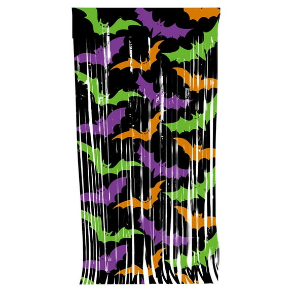 Bfogop Halloween Tinsel Photo Backdrop Curtains Party Decorations 3.3x6.6ft Halloween Pattern Backdrop Foil Fringe Curtains Black Orange Purple Halloween Party Streamers