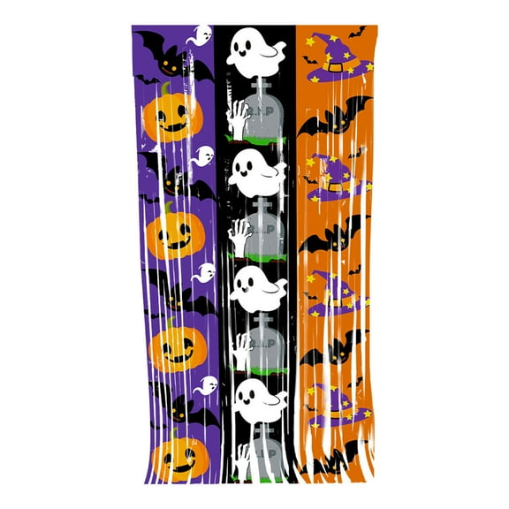 Bfogop Halloween Tinsel Photo Backdrop Curtains Party Decorations 3.3x6.6ft Halloween Pattern Backdrop Foil Fringe Curtains Black Orange Purple Halloween Party Streamers
