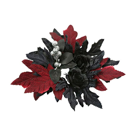 Bfogop Halloween Wreath Candle Rings Purple Flower Candle Holder Black Gothic Artificial Wreath, Purple Black Leaf Wreath Pendant for Halloween Table Centerpieces Decorations