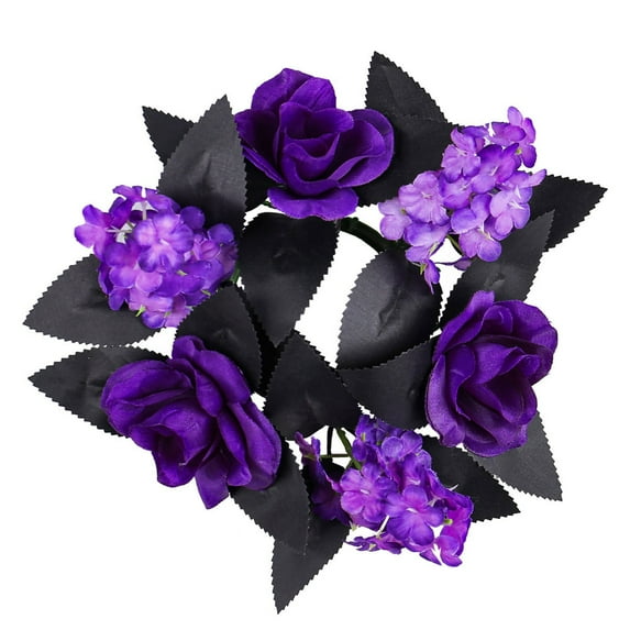 Bfogop Halloween Wreath Candle Rings Purple Flower Candle Holder Black Gothic Artificial Wreath, Purple Black Leaf Wreath Pendant for Halloween Table Centerpieces Decorations