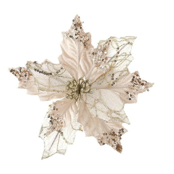 Bfogop Large Glitter Christmas Flowers Artificial Magnolia Flower Ornaments Mesh Fabric Fold Floral for Christmas Tree Decorations Xmas Tree New Year Party Wedding 7.8 Inch