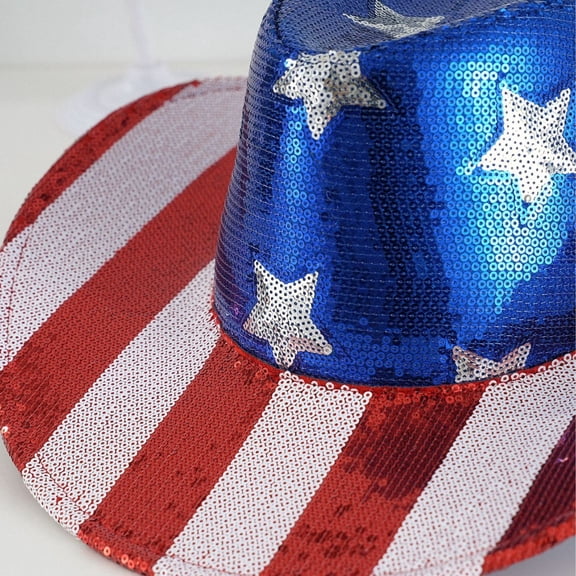 Bfogop USA American Flag Sequin 4th Of July Cowboy Hat Patriotic USA Western Party Parade Rodeo Red White Blue Cowgirl Hat, Sparkly US-Flag Western Cowboy Hat