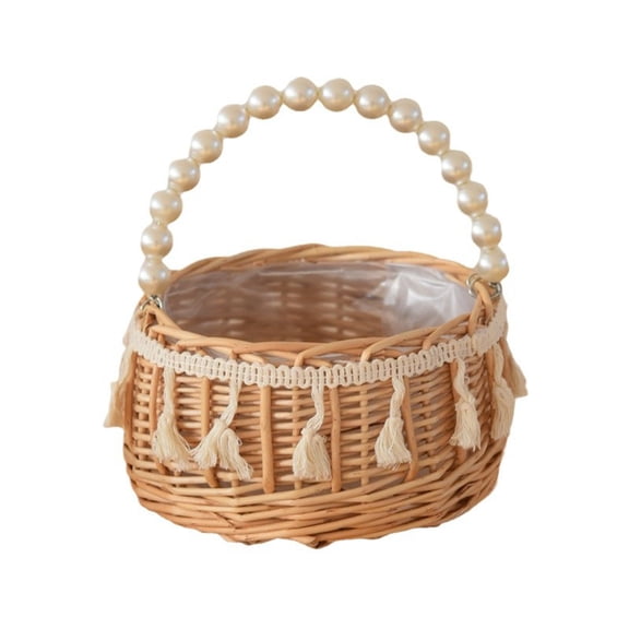 Bfogop Wicker Rattan Flower Girl Basket with Bows, Pearl Handle Flower Basket, Wedding Flower Girl Basket and Home Decor Wicker Rattan Flower Basket 6x5 Inch