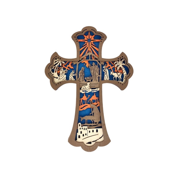 Bfogop Wooden Nativity Cross for Wall, 9 Inch Wood Carved Manger Scene Wall Cross Hanging Decor Catholic Religious Wall Art Perfect for Office Living Room Christmas Gifts for Home