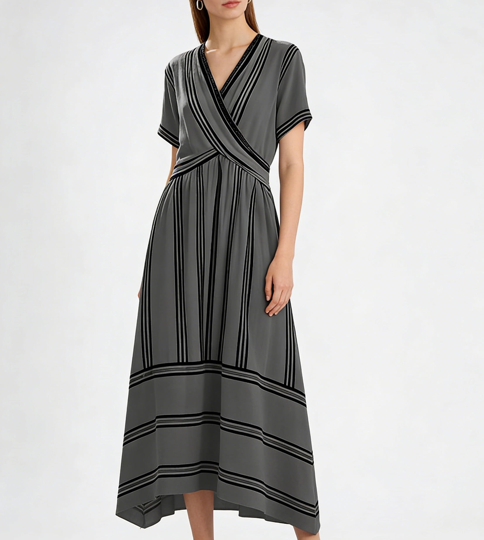 Bgstyu Maxi Dress for Women 2026 Wrap V Neck Short Sleeve Empire Waist ...